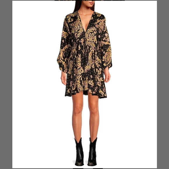 FREE People | Printed Deep V-Neck Long Blouson Sleeve Mini Dress - Picture 6 of 7